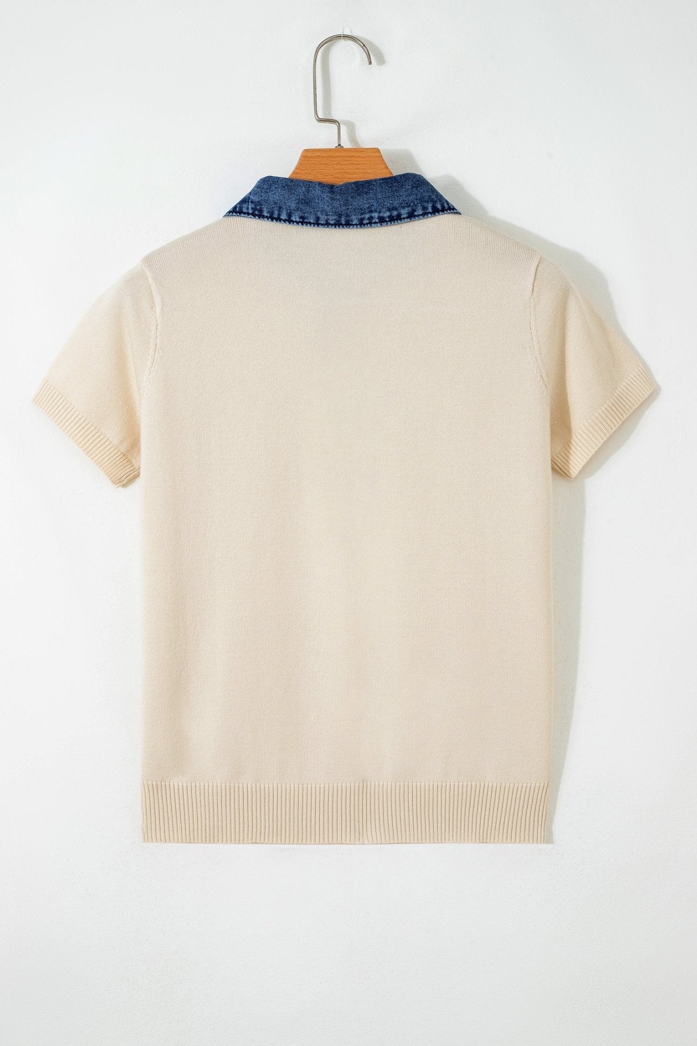 Jet Stream Short Sleeve Knit Denim Patchwork Polo Collar Sweater - Loving It Shop