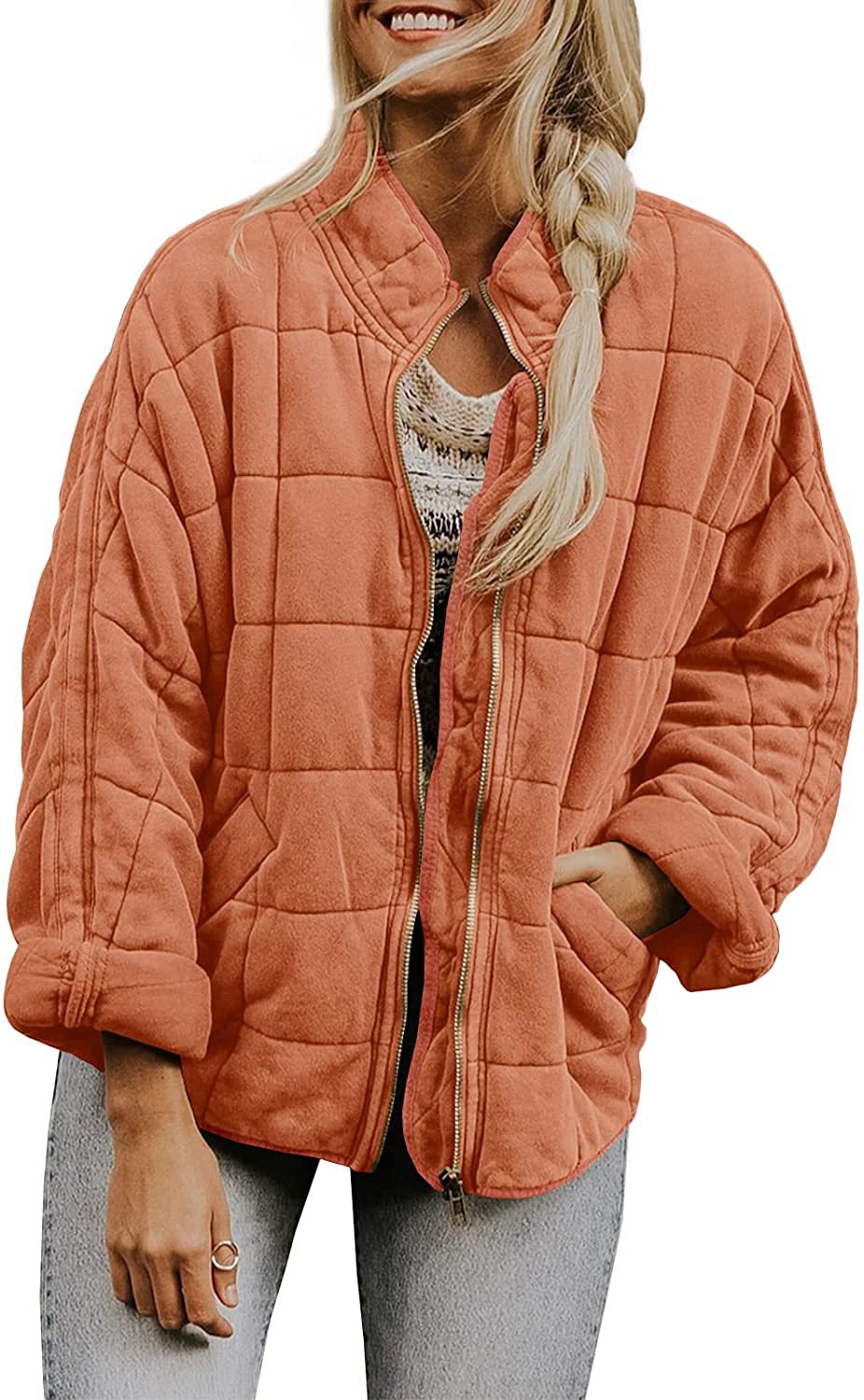 Winter Zip-up Stand Collar Coat With Pockets Fashion Solid Color Plaid Long Sleeved Jacket Women&