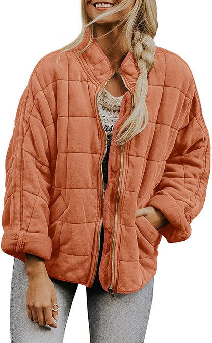 Winter Zip-up Stand Collar Coat With Pockets Fashion Solid Color Plaid Long Sleeved Jacket Women&