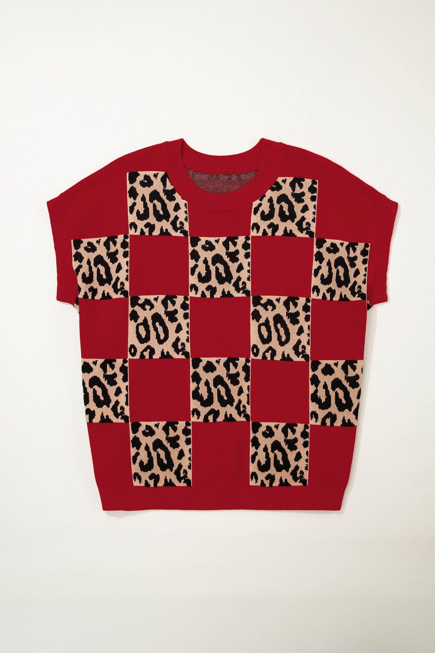 Red Plus Size Leopard Contrasted Checkered Short Sleeve Sweater