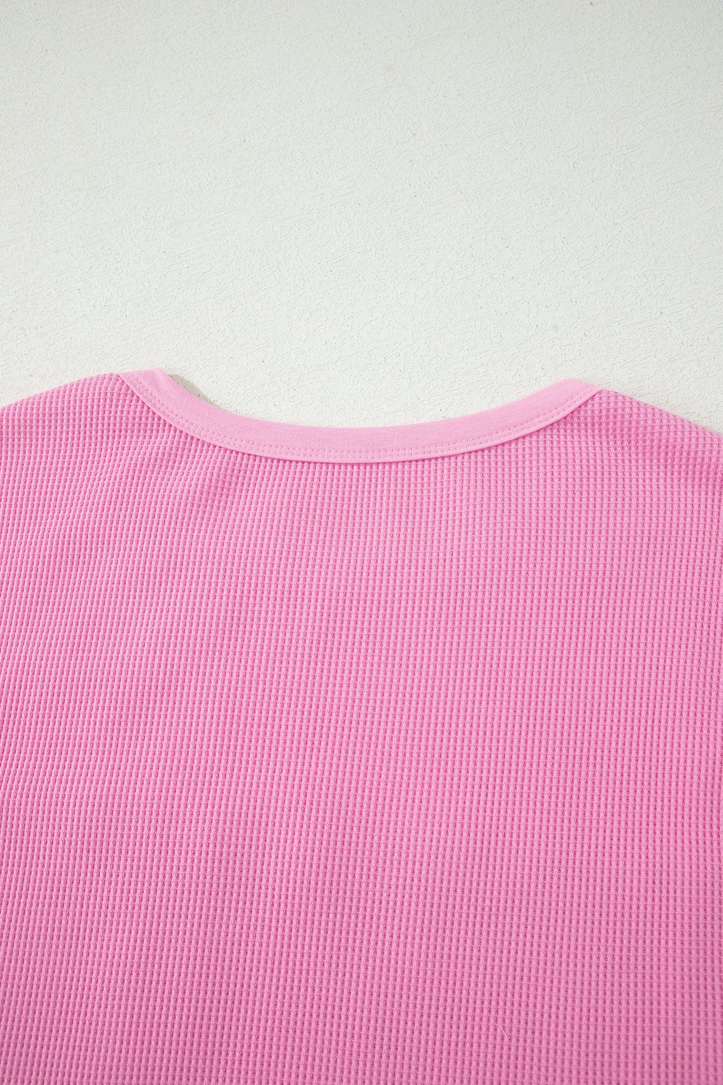 Pink Solid Color Raw Seam Waffled Patchwork Casual T Shirt