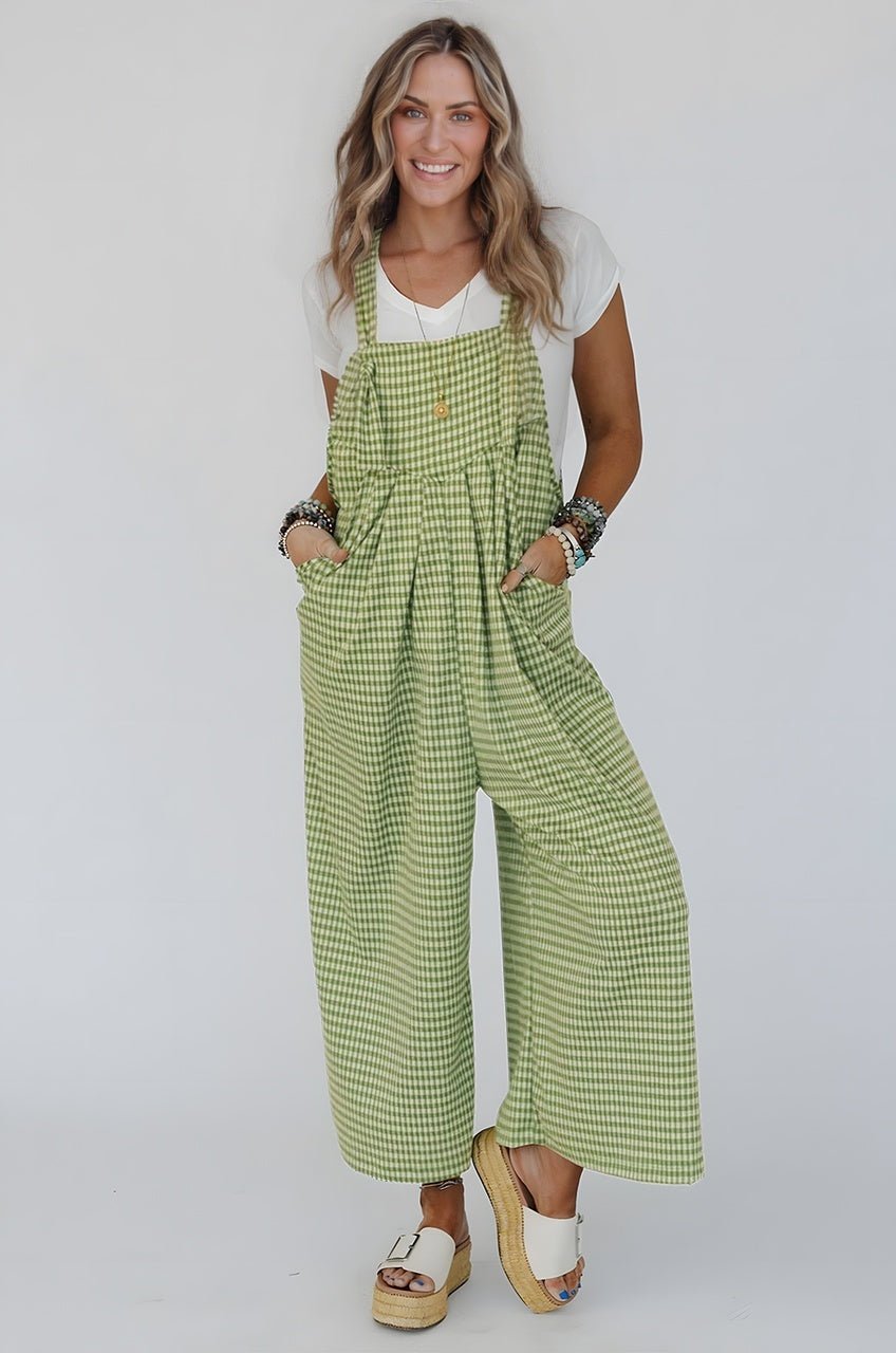 Green Gingham Wide Leg Loose Overall with Pockets - Loving It Shop