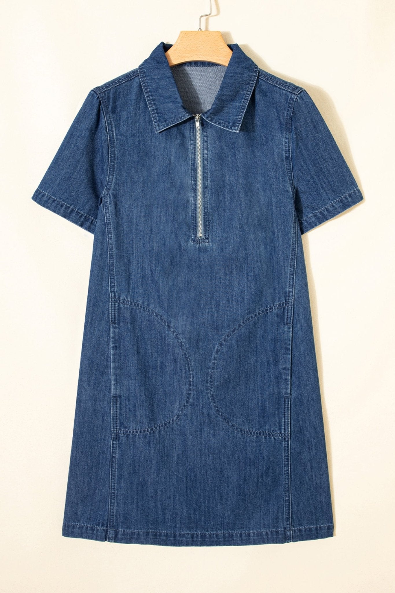 Blue Zip up Collared Short Sleeve Shift Mini Denim Dress - Loving It Shop
