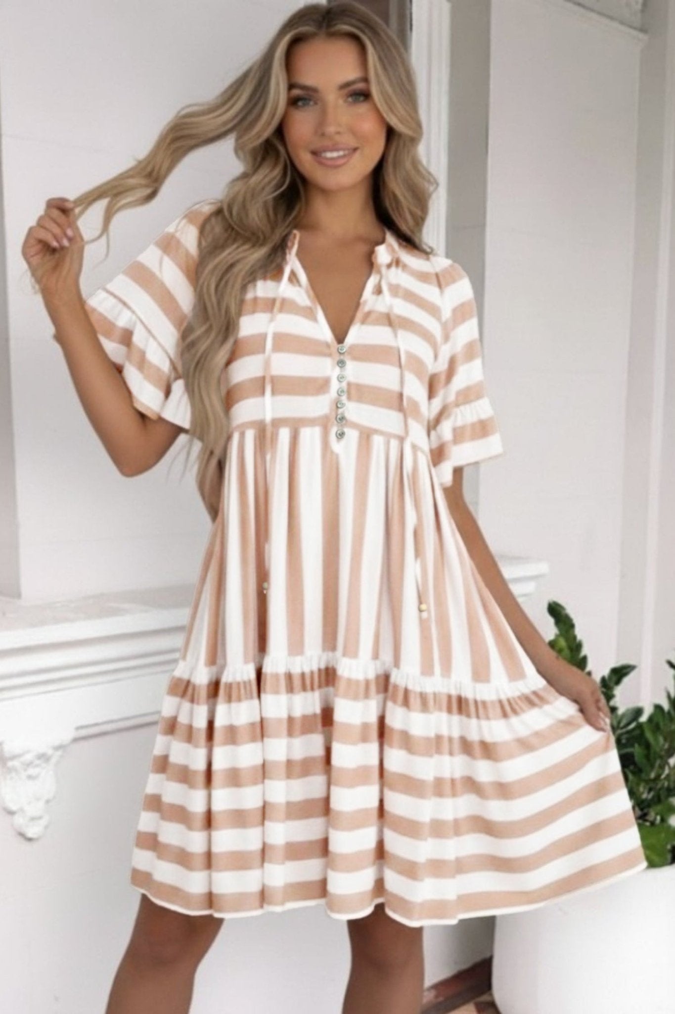 Khaki Stripe Tie V Neck Ruffle Trim Short Sleeve Flared Summer Dress - Loving It Shop