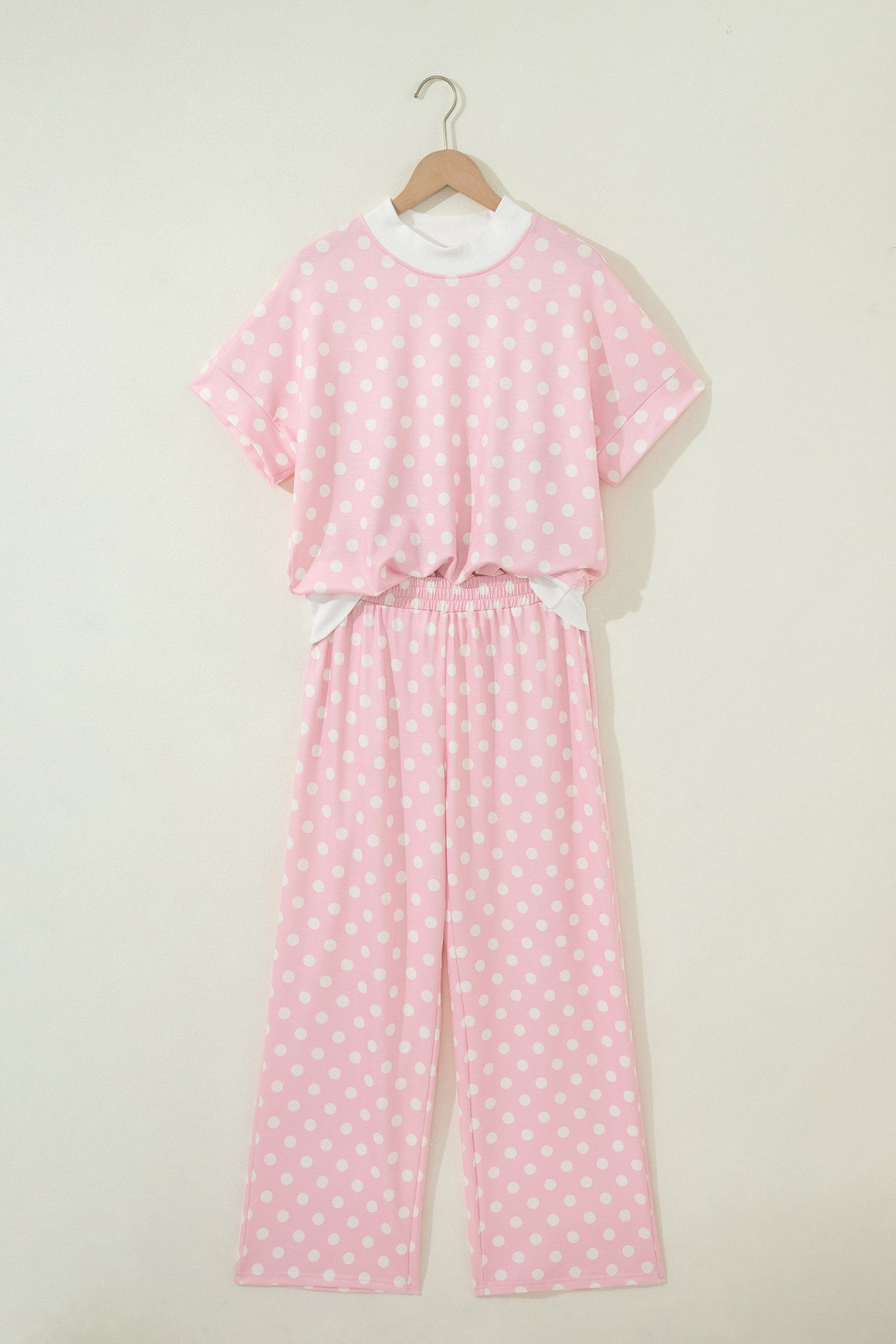 Pink Polka Dot Print Mock Neck Short Sleeve Top Shift Pant Set