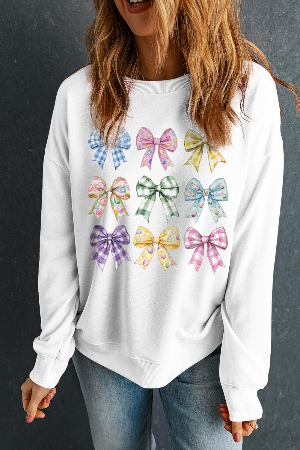 White Easter Eggs Plaid Bow Graphic Drop Shoulder Sweatshirt - Loving It Shop