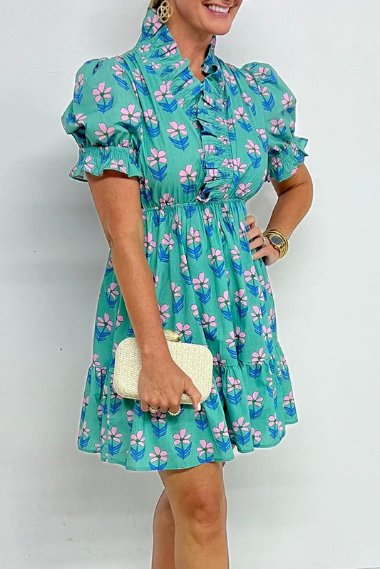 Green Floral Print Frilly Smocked Detail High Waist Mini Dress - Loving It Shop