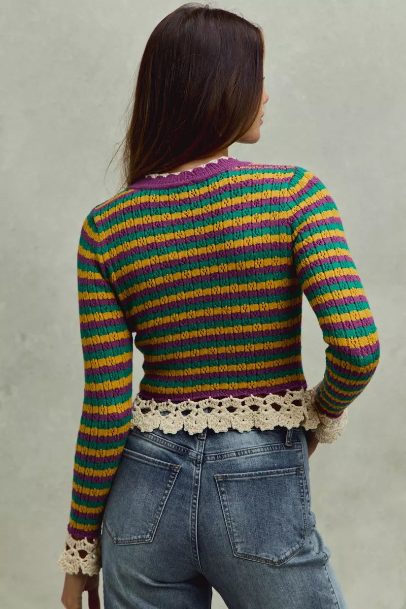 Mardi Gras Striped Cropped Knit Top with Crochet Edge