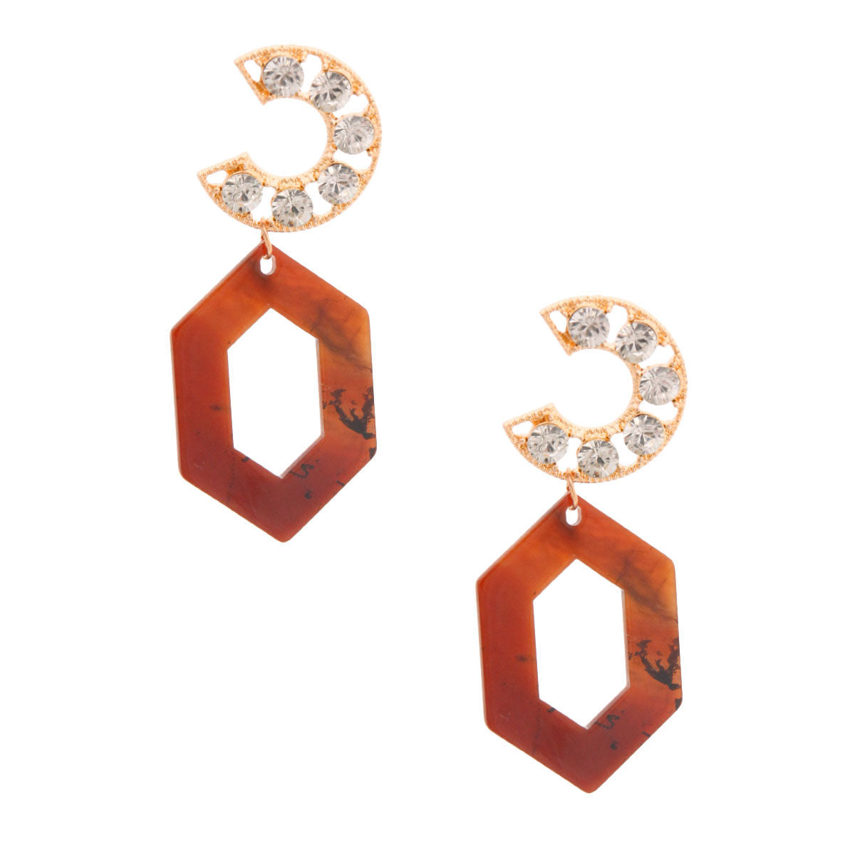 Hexagon Crystal Earrings Brown Stylish Statement Jewelry