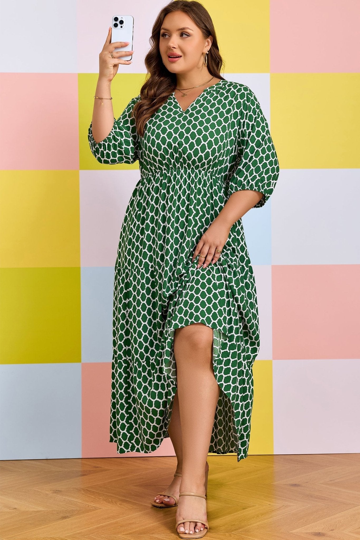 Green Plus Size Geometric Print Pocketed Ruffle Hem Casual Dress - Loving It Shop