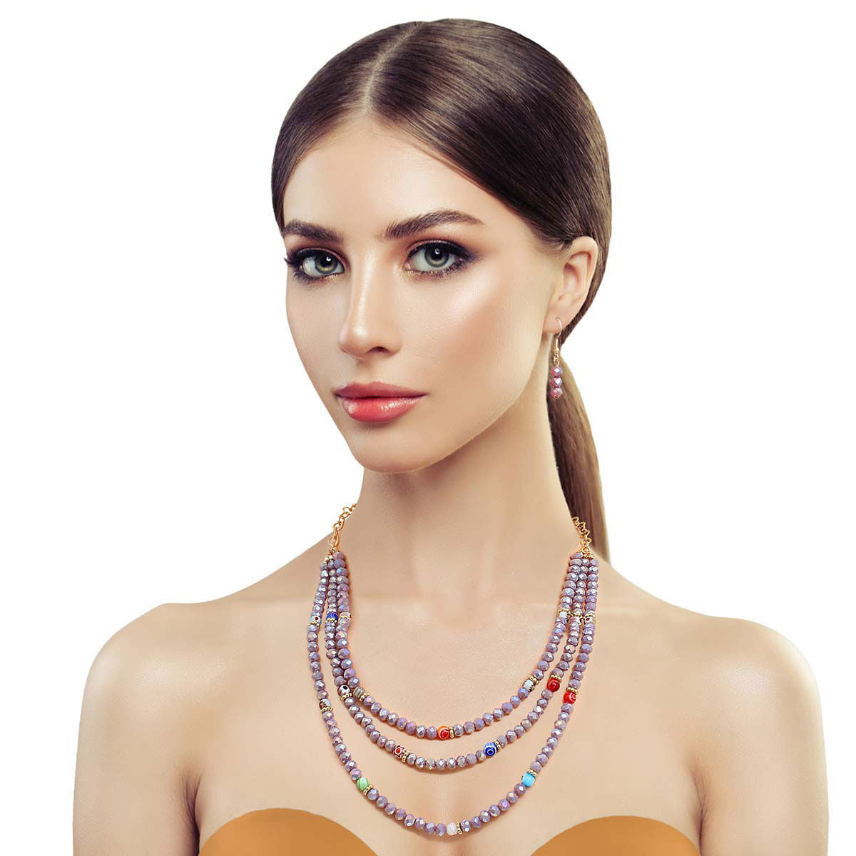 Layered Light Purple Glass Bead Necklace Set – Stylish Statement Jewelry