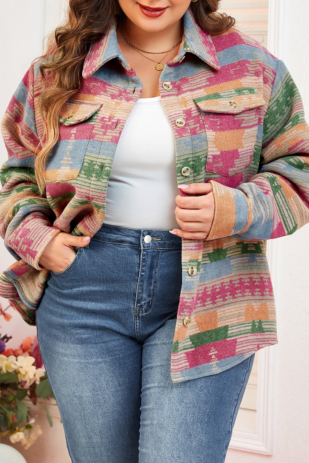 Pink Plus Size Aztec Printed Flap Pocket Shacket - Loving It Shop