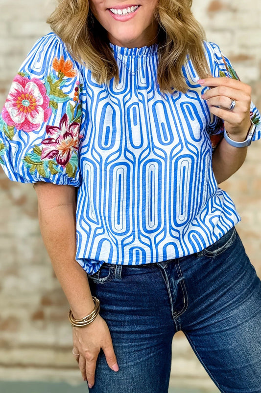 Sky Blue Unique Geometry Print Floral Embroidered Puff Sleeve Blouse - Loving It Shop