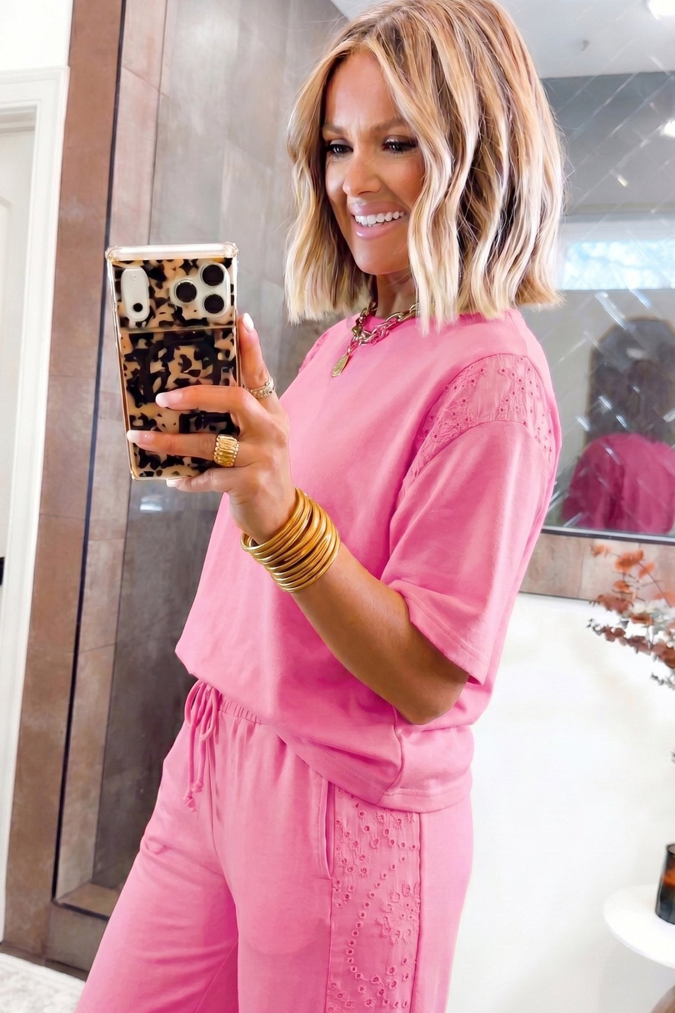 Sachet Pink Lace Patchwork Half Sleeve Top Elastic Waist Pants Two Piece Set - Loving It Shop