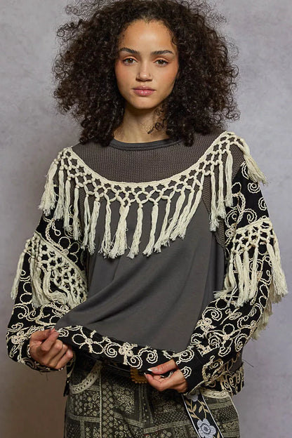 Contrast Floral Embroidery Balloon Sleeve Top with Tassel Trim