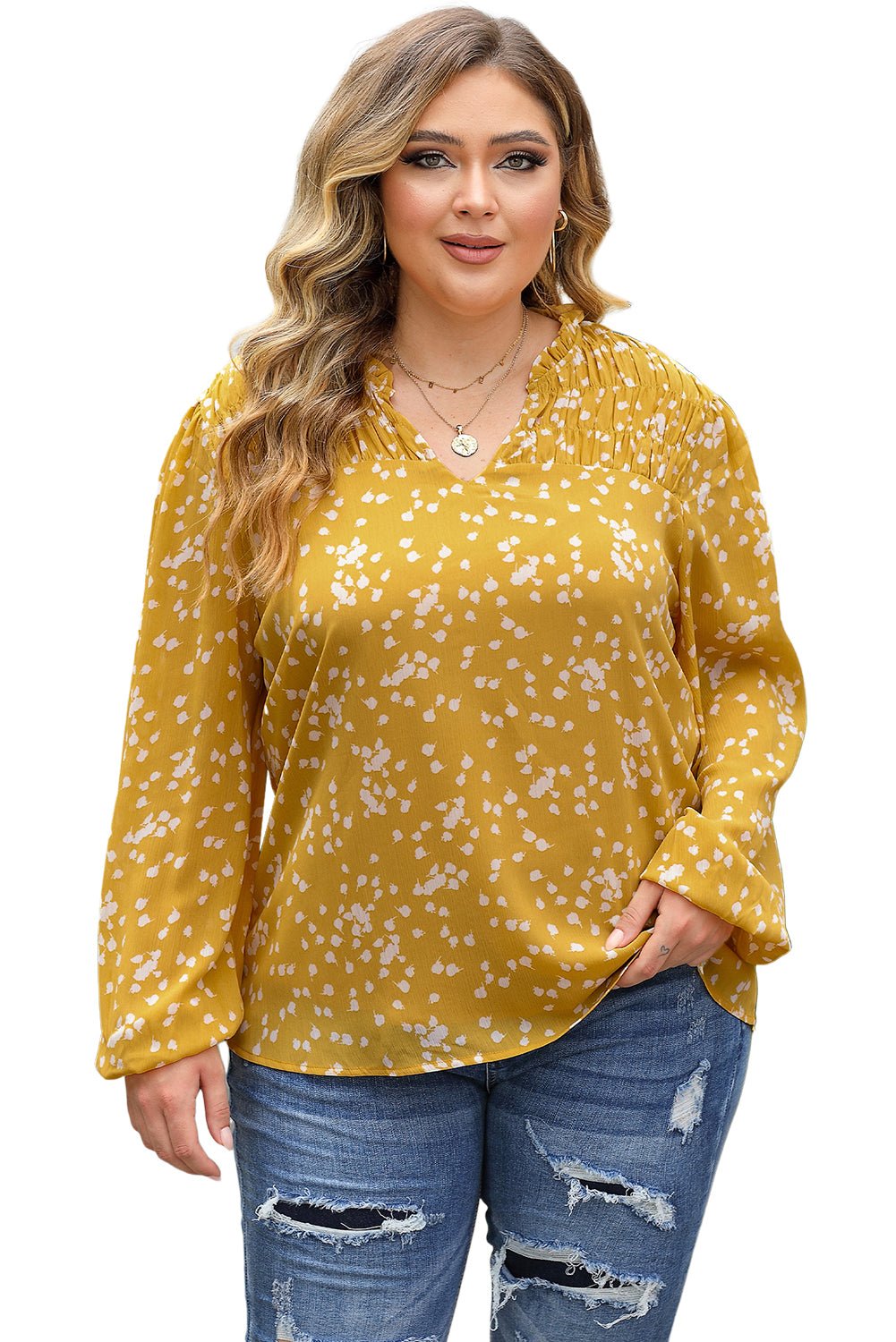 Yellow Plus Size Floral Print Ruched Split Neck Blouse - Loving It Shop