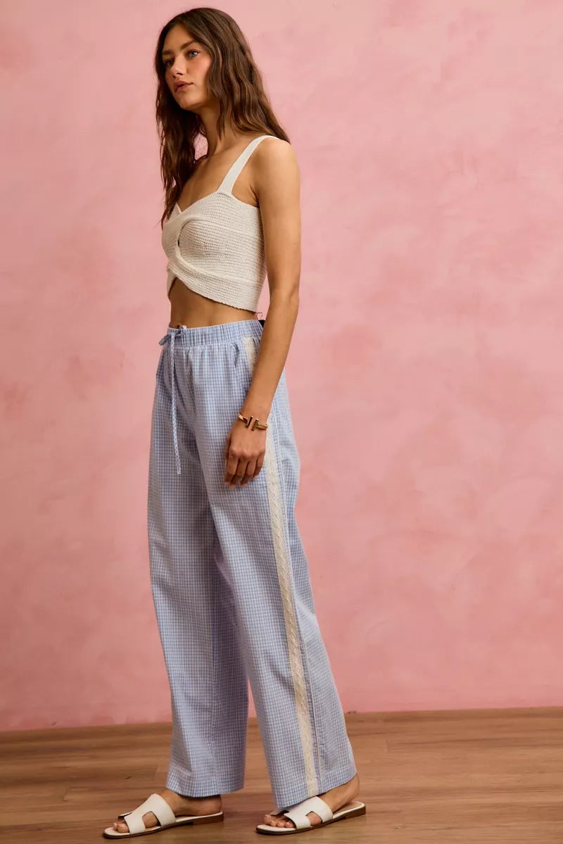 Wide Check Pants With Side Lace Trim And Piping