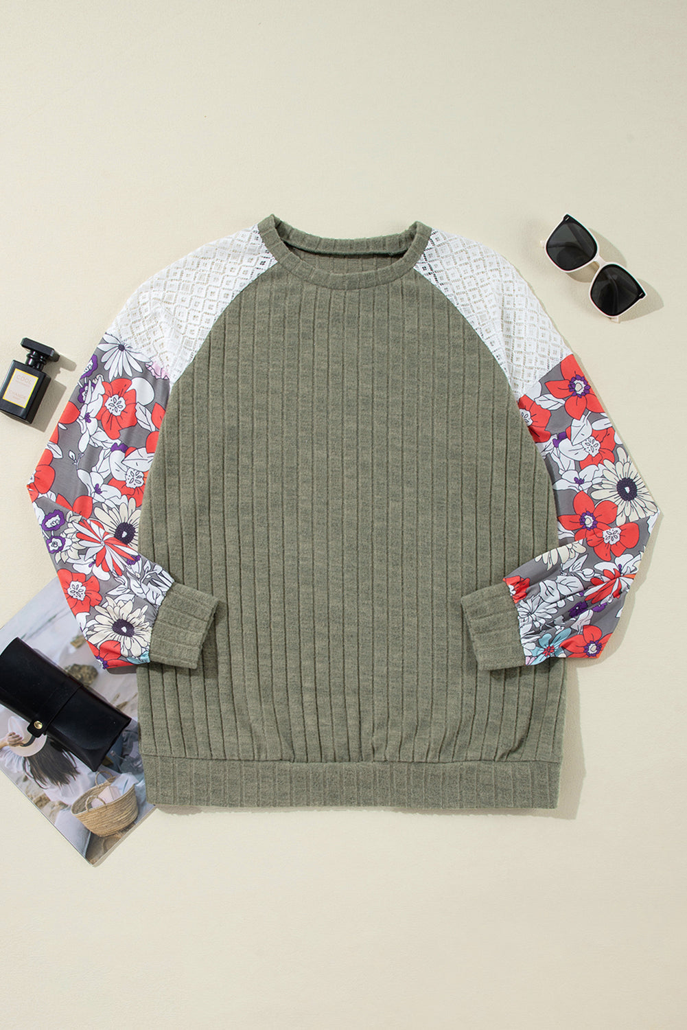 Parchment Floral Patchwork Raglan Sleeve Ribbed Blouse