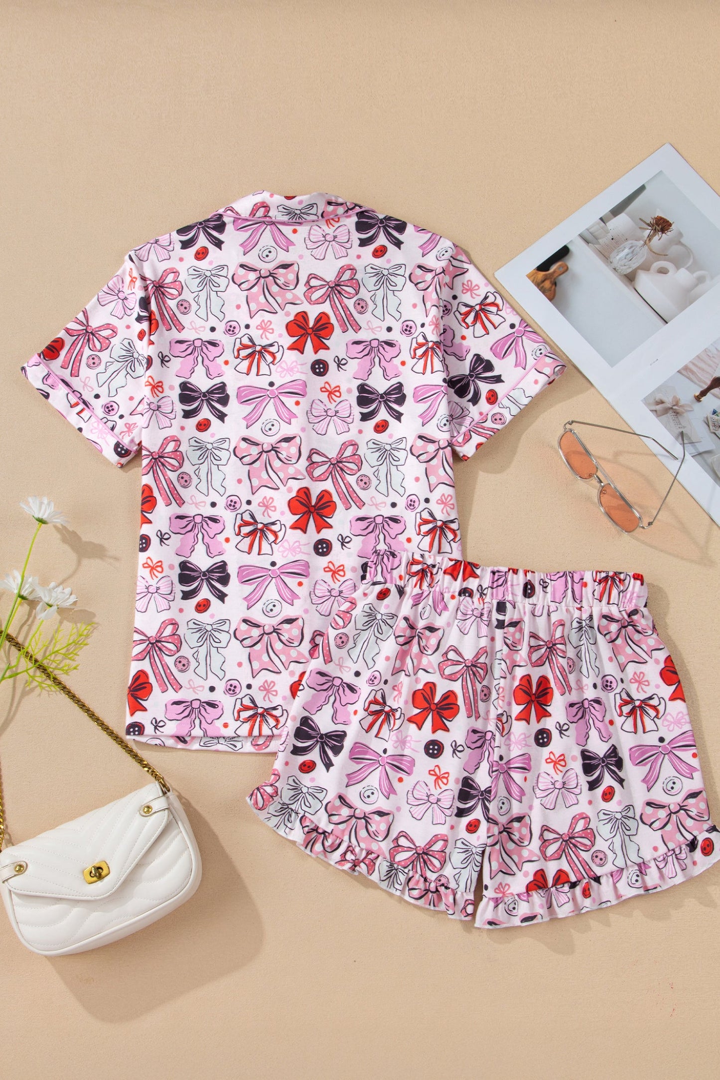 Pink Cute Ribbon Bows Printed Shirt Style 2pcs Short Pajama Set