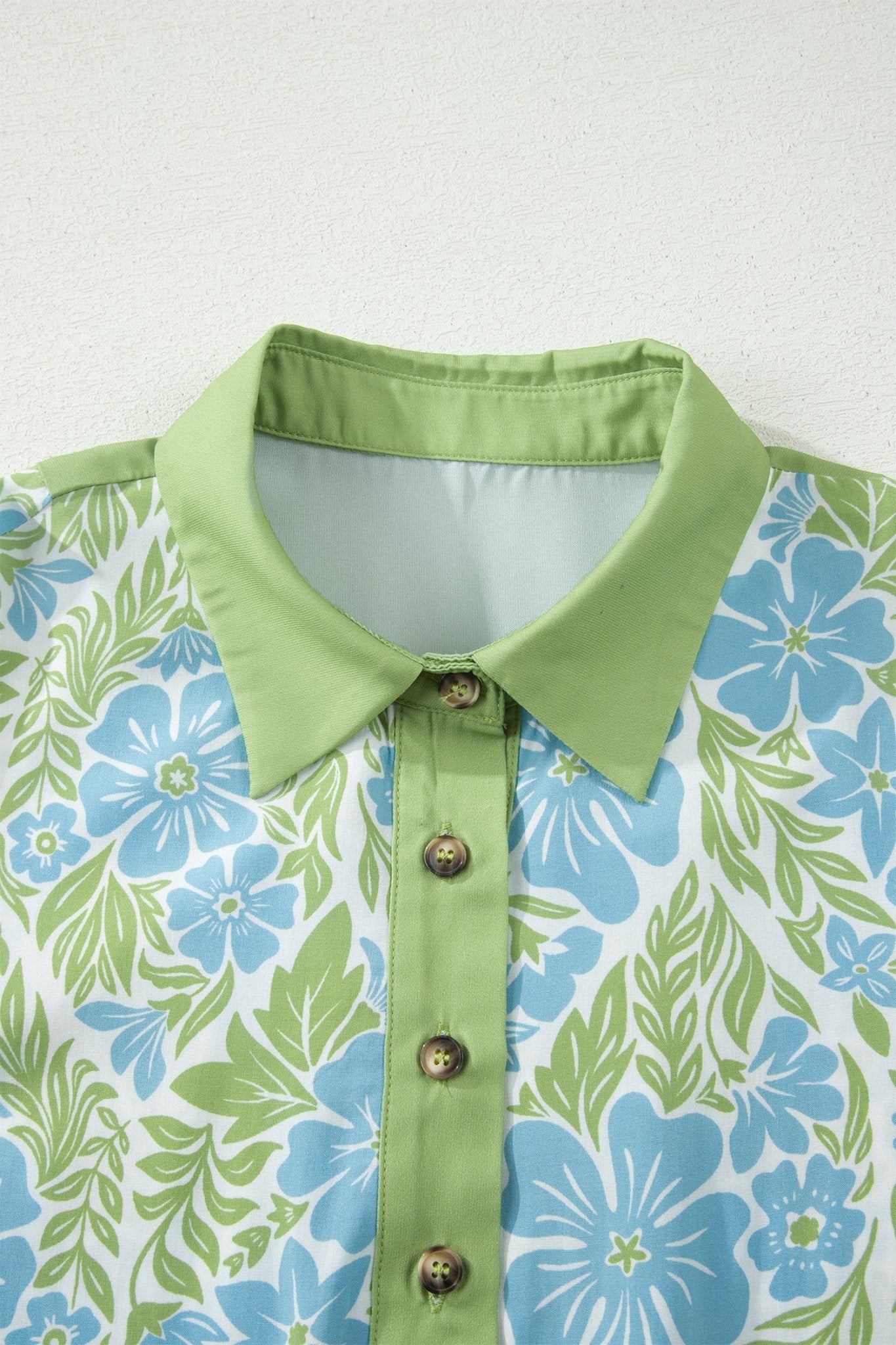 Sky Blue Floral Print Color Block Patchwork Shirt Collar Half Sleeve Mini Dress - Loving It Shop