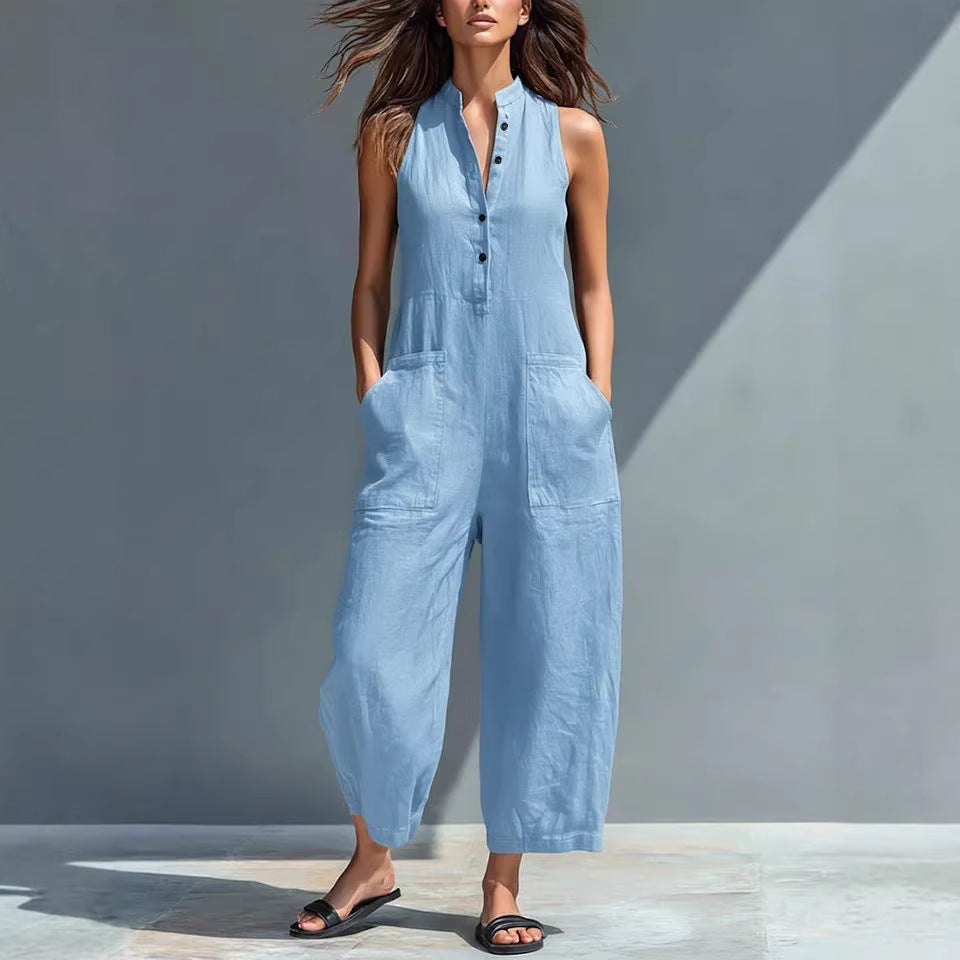 Summer Sleeveless Jumpsuit With Pockets Fashion Casual V-Neck Buttons Trousers Women&