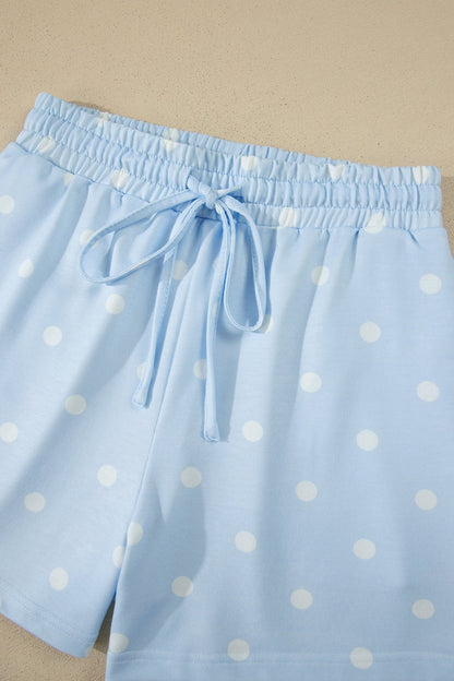 Sky Blue Exposed Seam Detail Polka Dot Loose Tee Drawstring Shorts Set - Loving It Shop