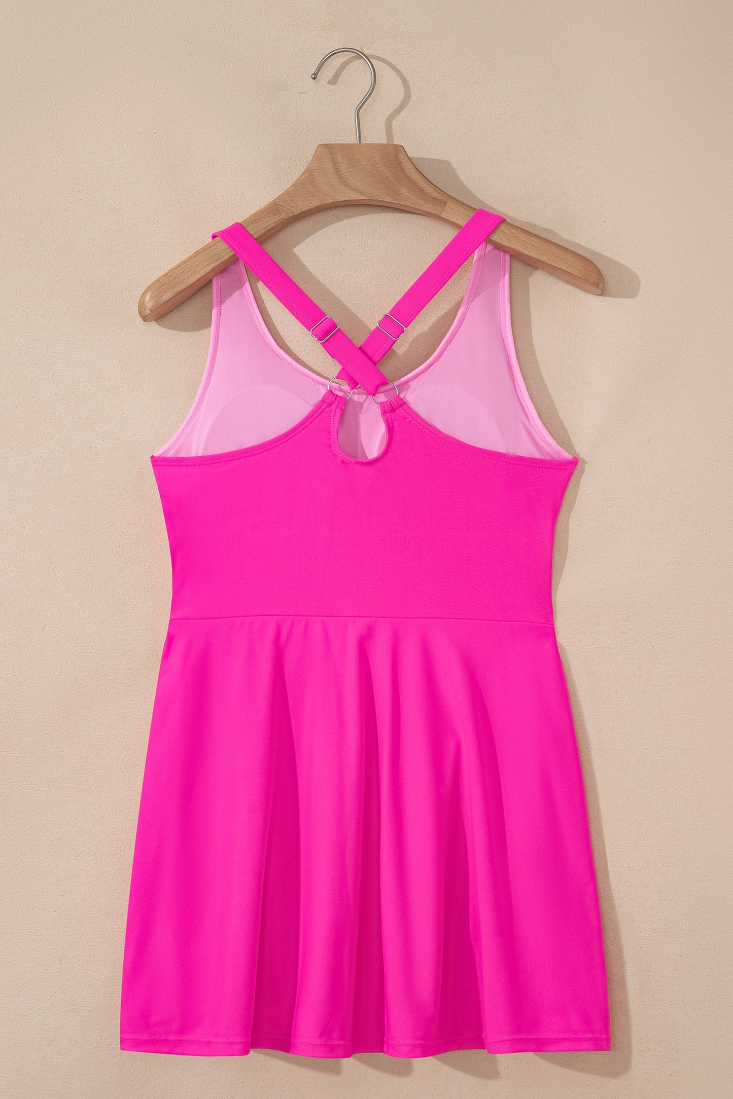 Rose Red Contrast Trim Neckline Active Shorts Attached One Piece Swim Dress