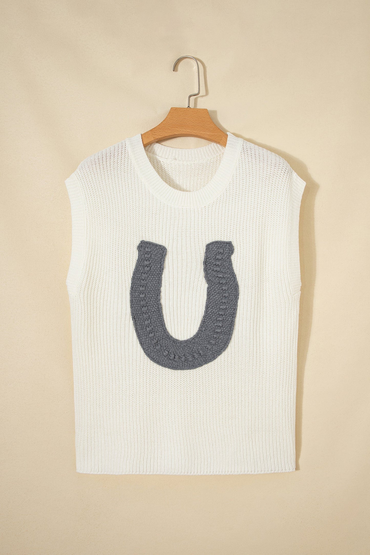 White Crochet Horseshoe Short Sleeve Knit Sweater