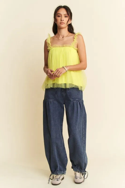 Davi &amp; Dani Shirred Ruffle Strap Tulle Babydoll Top