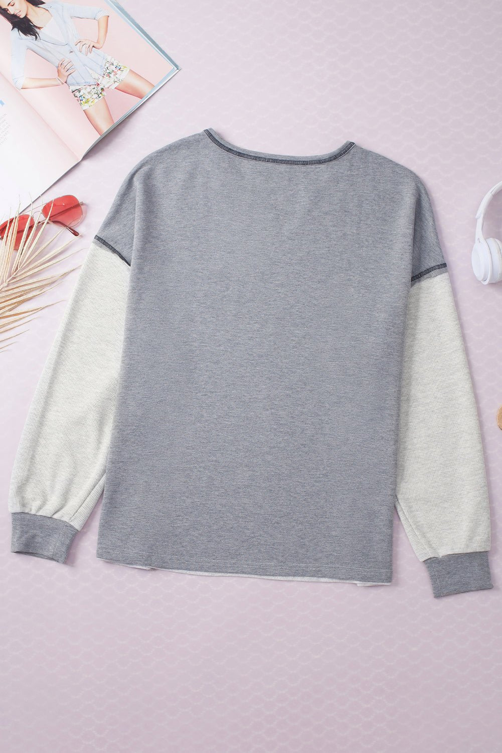 Gray Exposed Seam Ribbed Patchwork V Neck Sweatshirt - Loving It Shop