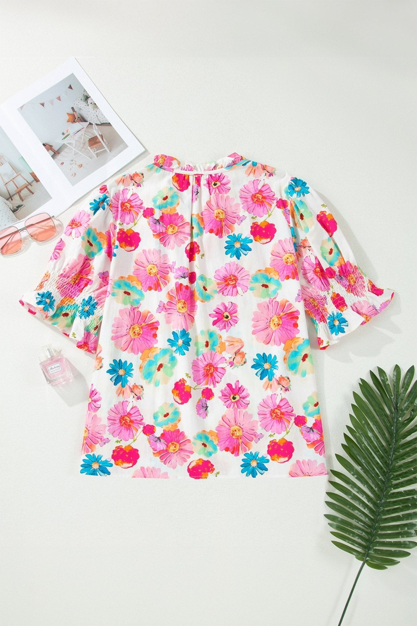 Pink Plus Size Floral Print Ruched Short Sleeve Blouse - Loving It Shop
