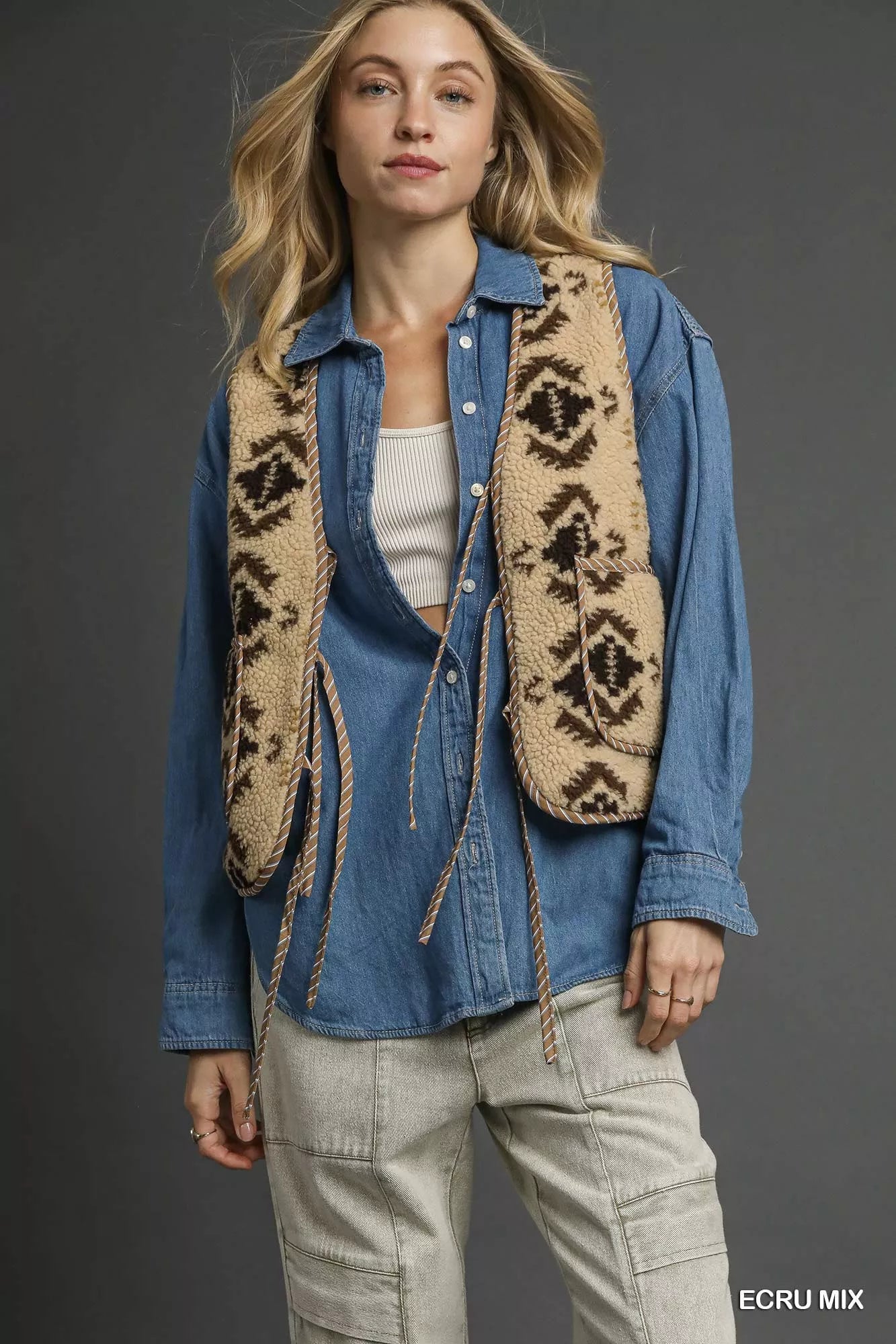 Mix Patterned Sherpa Tie-Front Vest