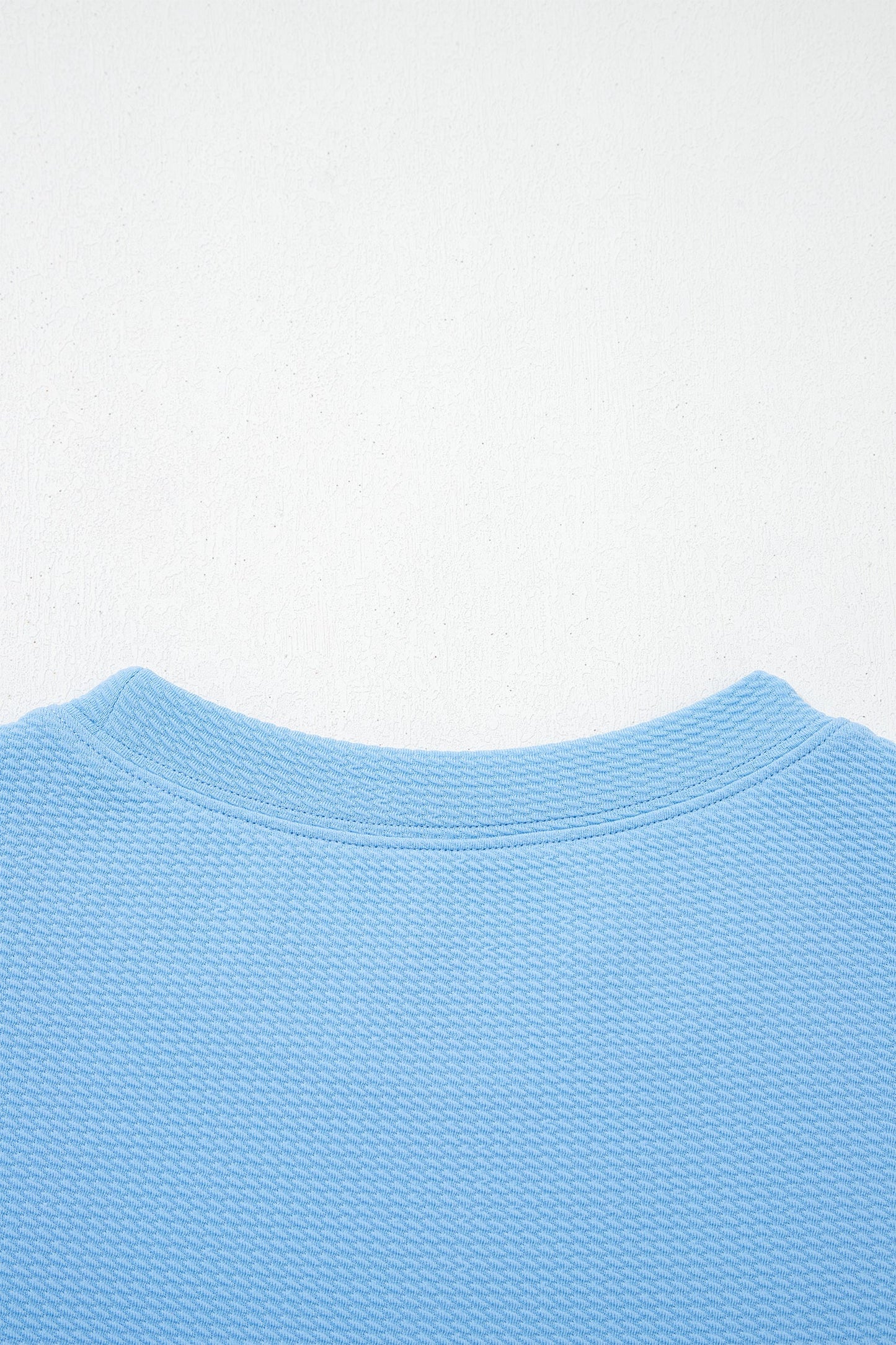 Light Blue Round Neck Textured Contrast Floral Bubble Sleeve Blouse