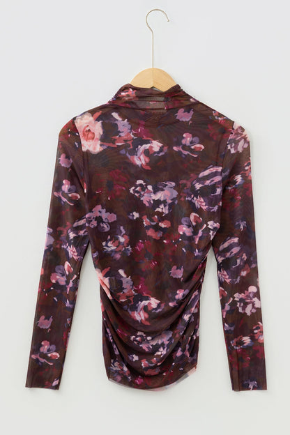 Brown High Neck Ruched Floral Mesh Top