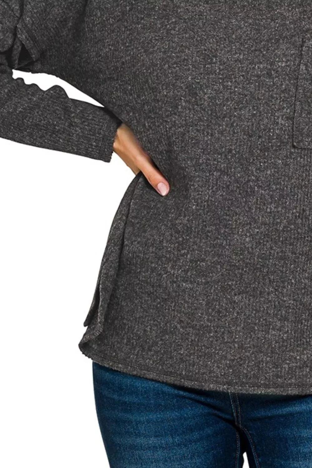Ribbed Brushed Melange Hacci Sweater with Chest Pocket