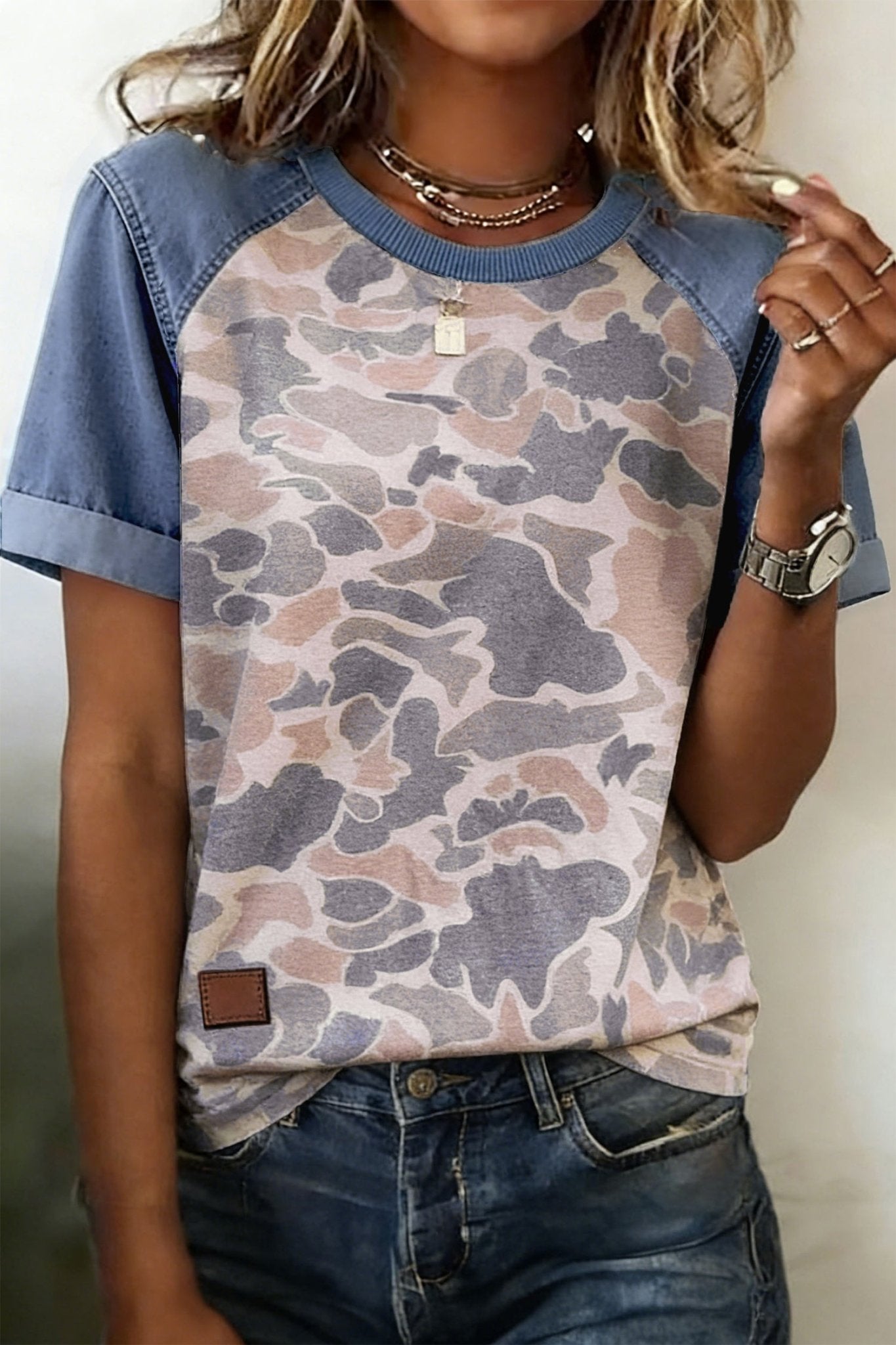 Multicolour Camouflage Print Denim Color Block Sleeve Casual Tee - Loving It Shop