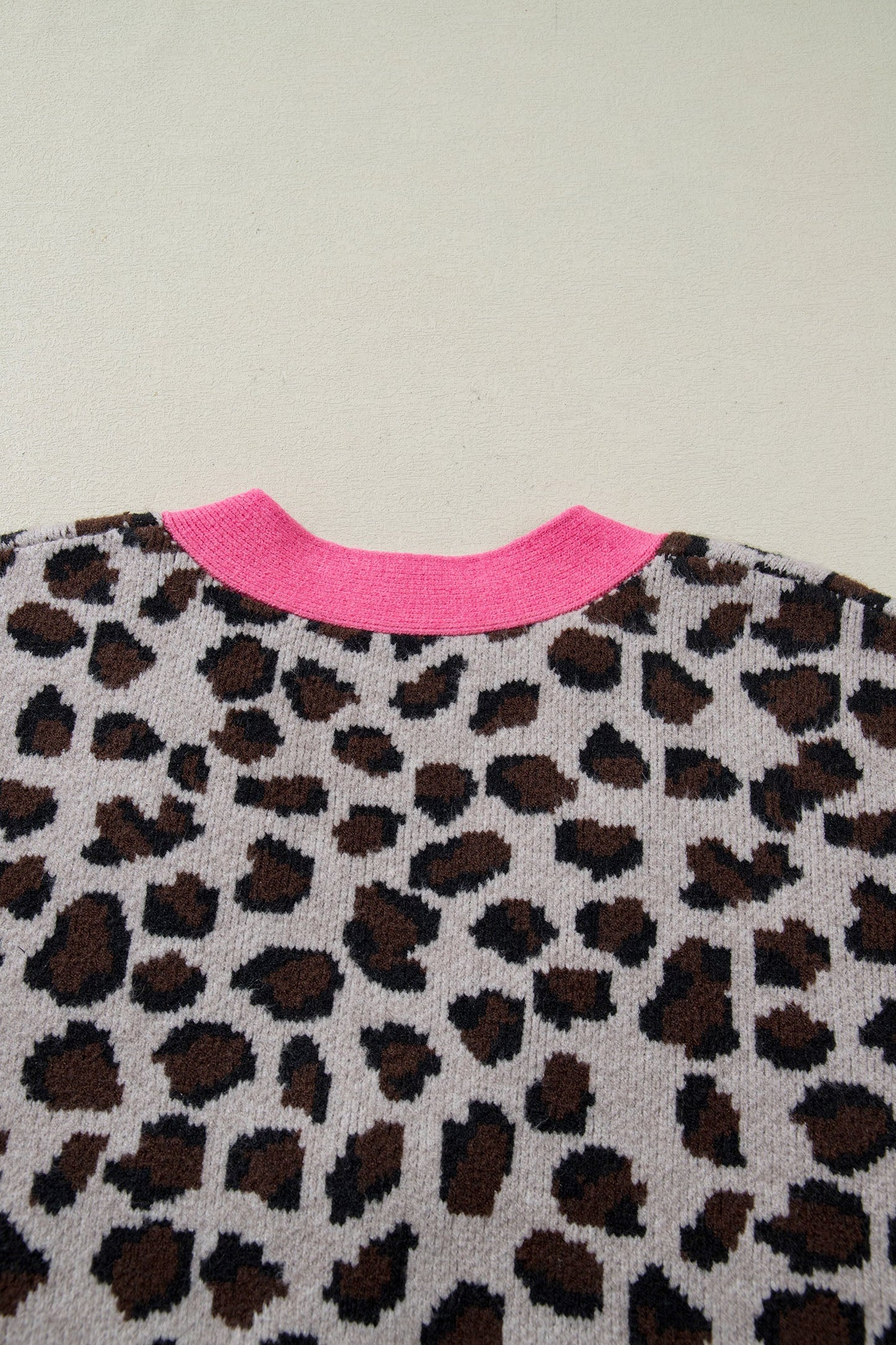 Khaki Oversize Color Block Trim Button Down Leopard Print Cardigan