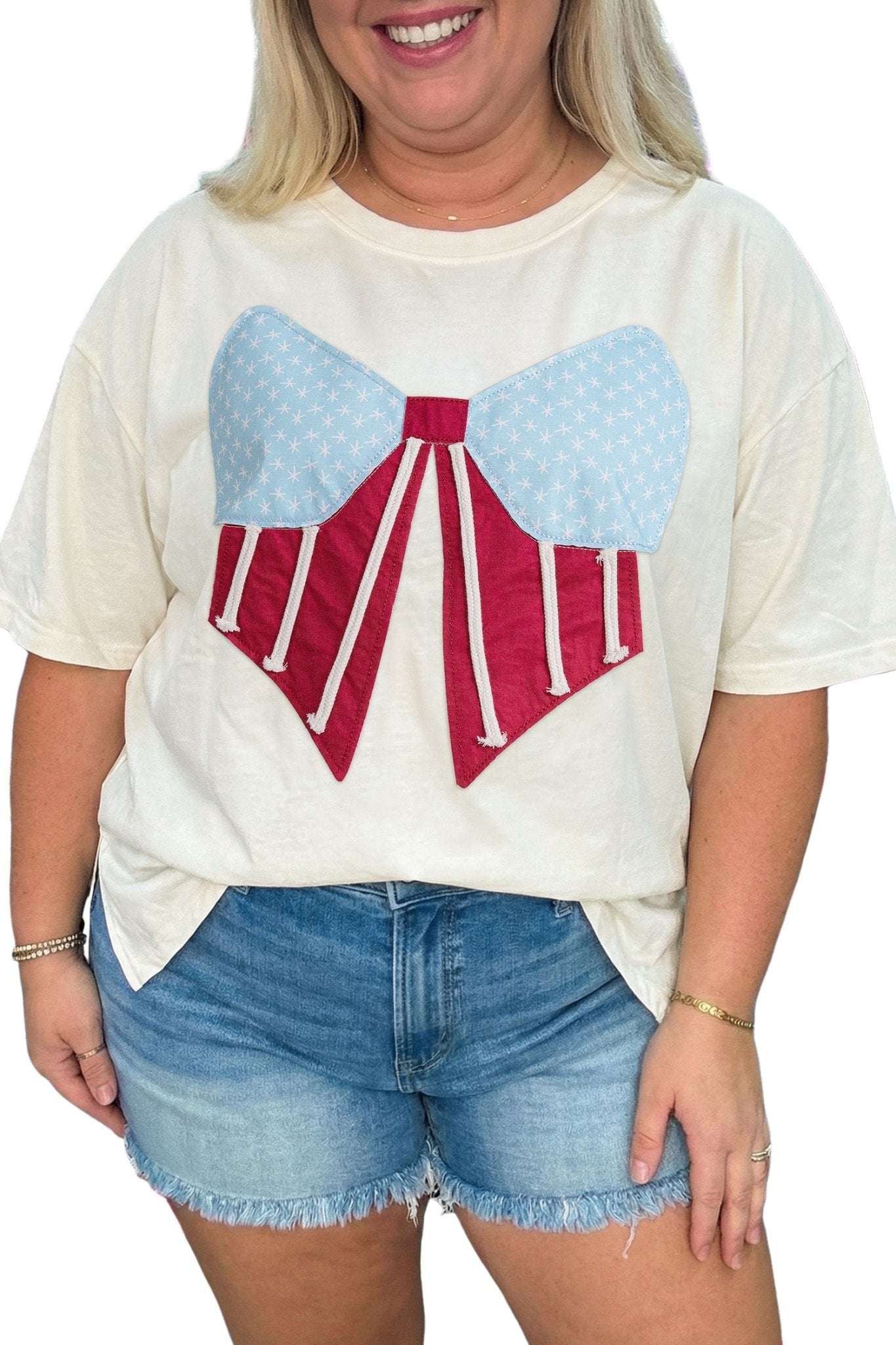 White Distressed Flag Bow Patched Plus Size T Shirt - Loving It Shop