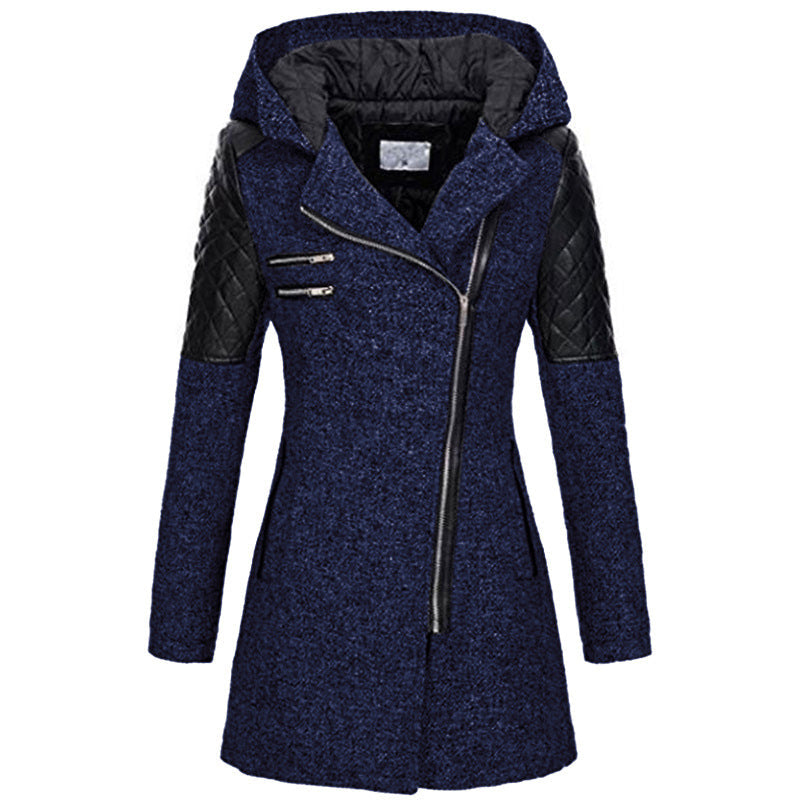 Women Warm Slim Full Zipper Coat Thick Woolen Coat Female Fall Winter Windbreaker Hooded Diagonal Zipper Women&