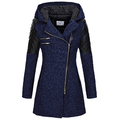 Women Warm Slim Full Zipper Coat Thick Woolen Coat Female Fall Winter Windbreaker Hooded Diagonal Zipper Women&
