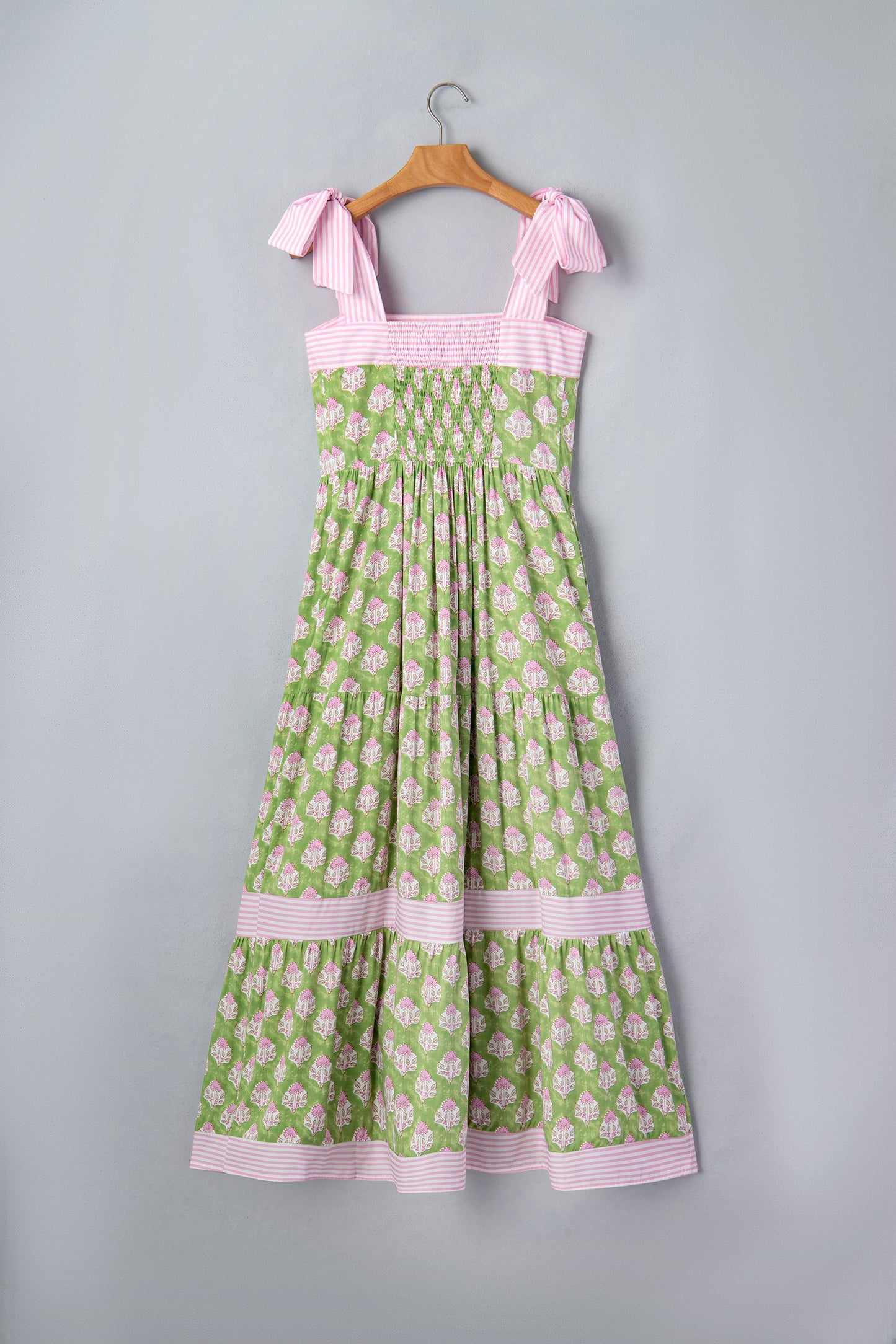 Green Floral Print Striped Detail Knot Straps Maxi Dress