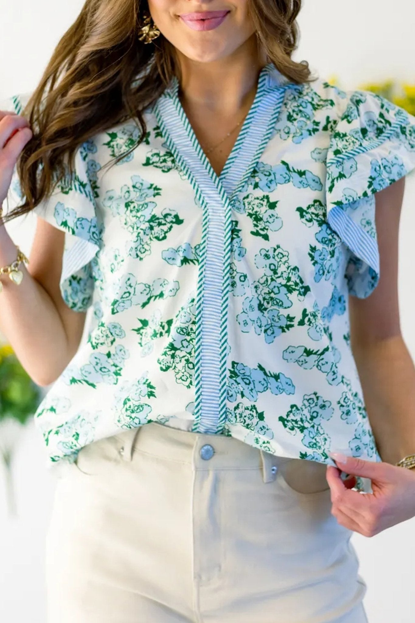 Green Floral Meets Stripes V Neck Flutter Sleeve Blouse - Loving It Shop