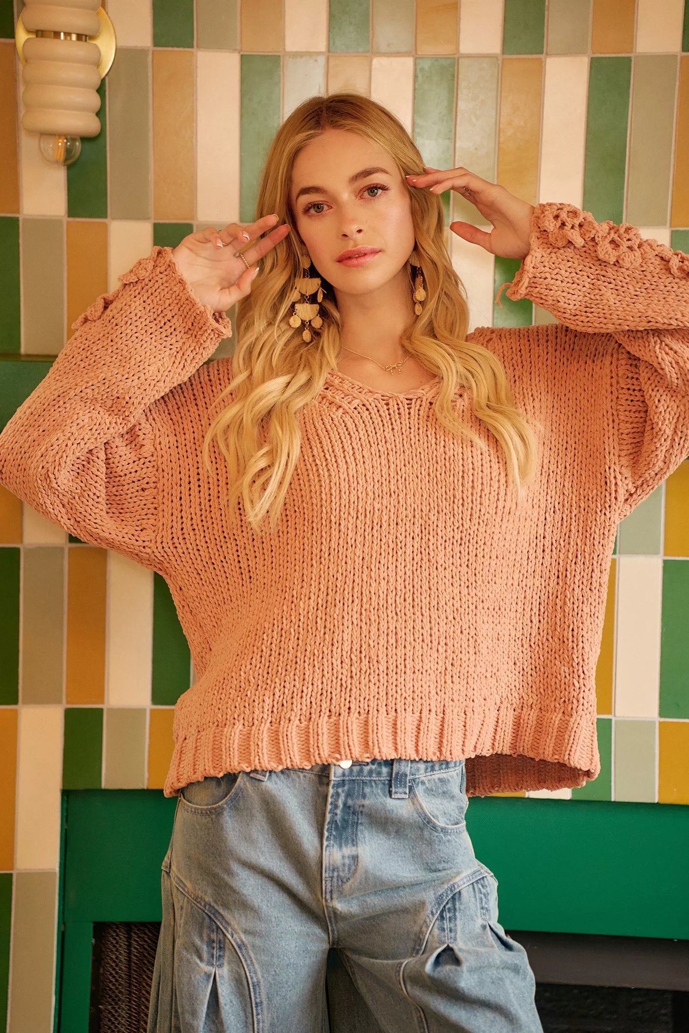 Chunky Knit Sweater with Flower Detail Sleeves