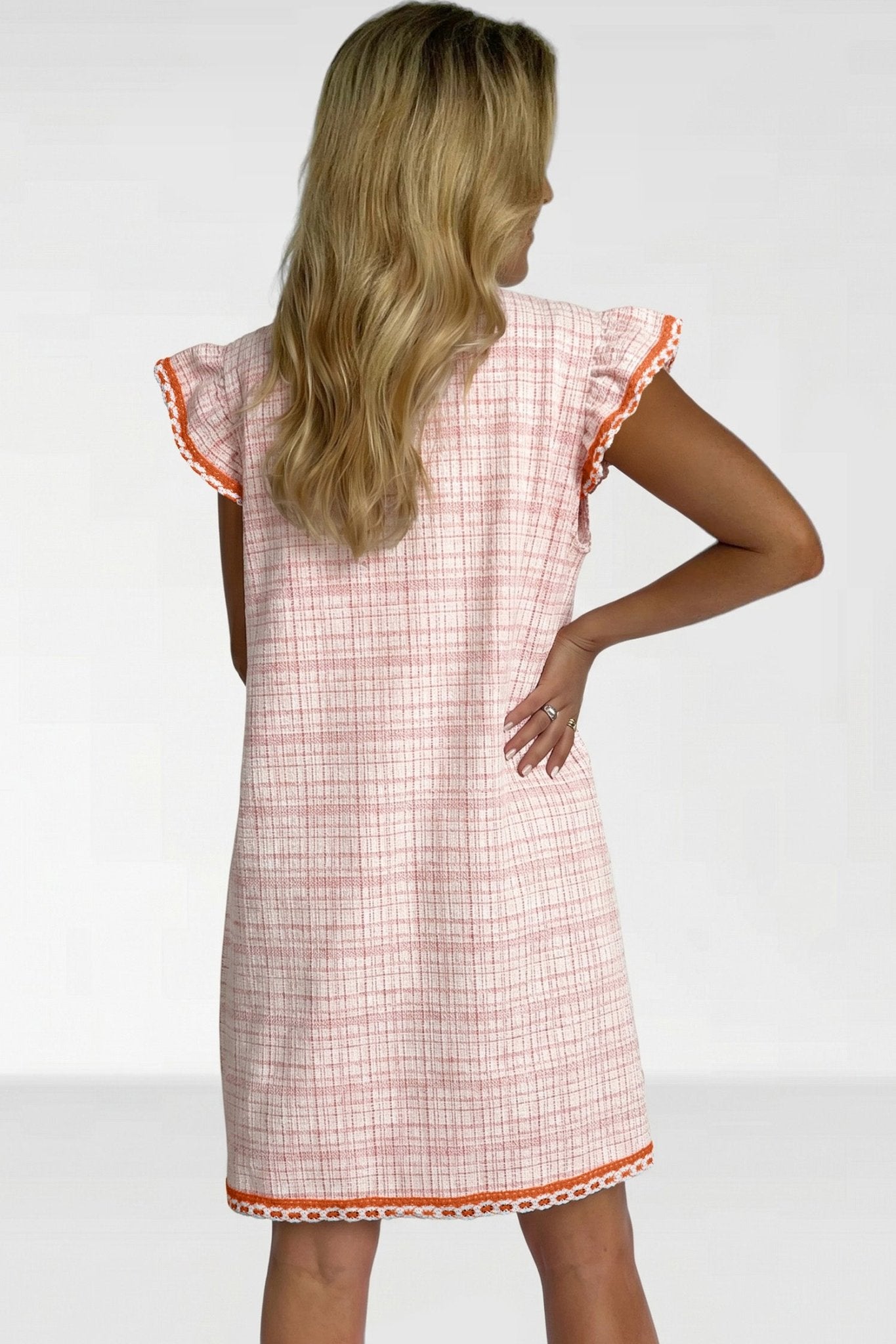 White Jacquard Textured Contrast Trim Short Sleeve Tassel Tie Shift Dress - Loving It Shop