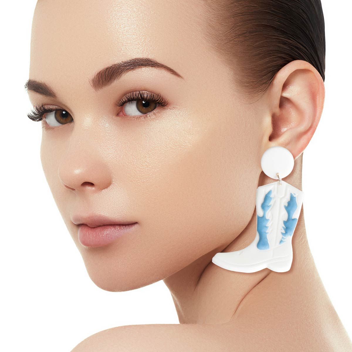 Clay Boots Earrings White and Blue Stylish Statement Jewelry