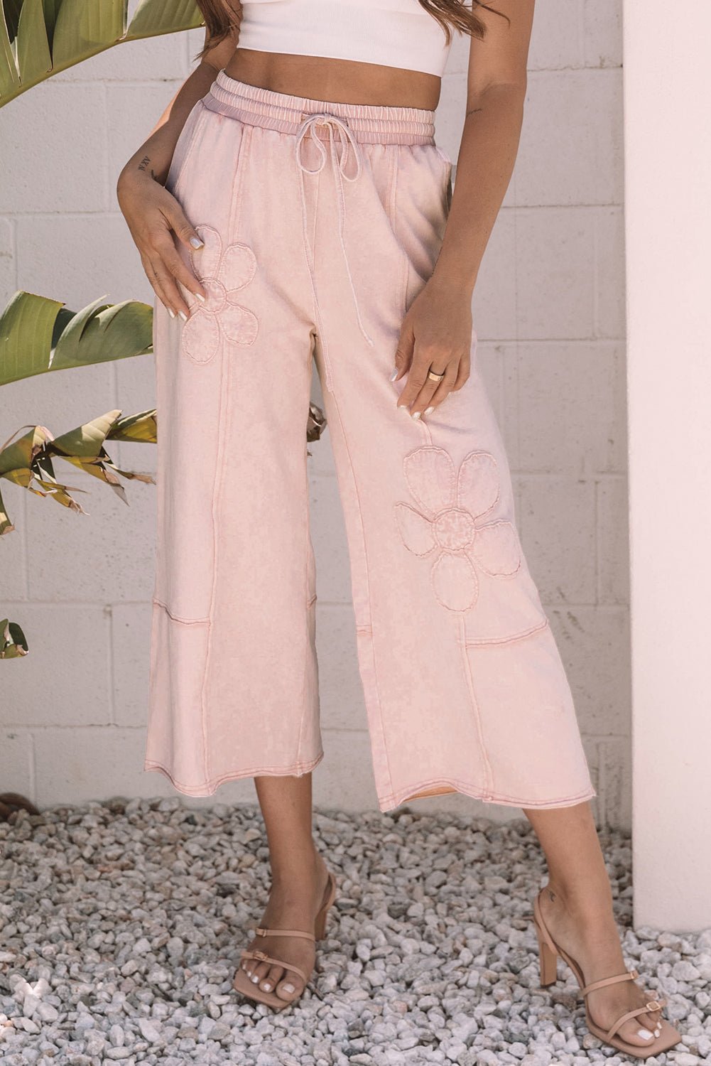 Pink Flower Patch Mineral Washed Terry Knit Cropped Wide Leg Pants - Loving It Shop