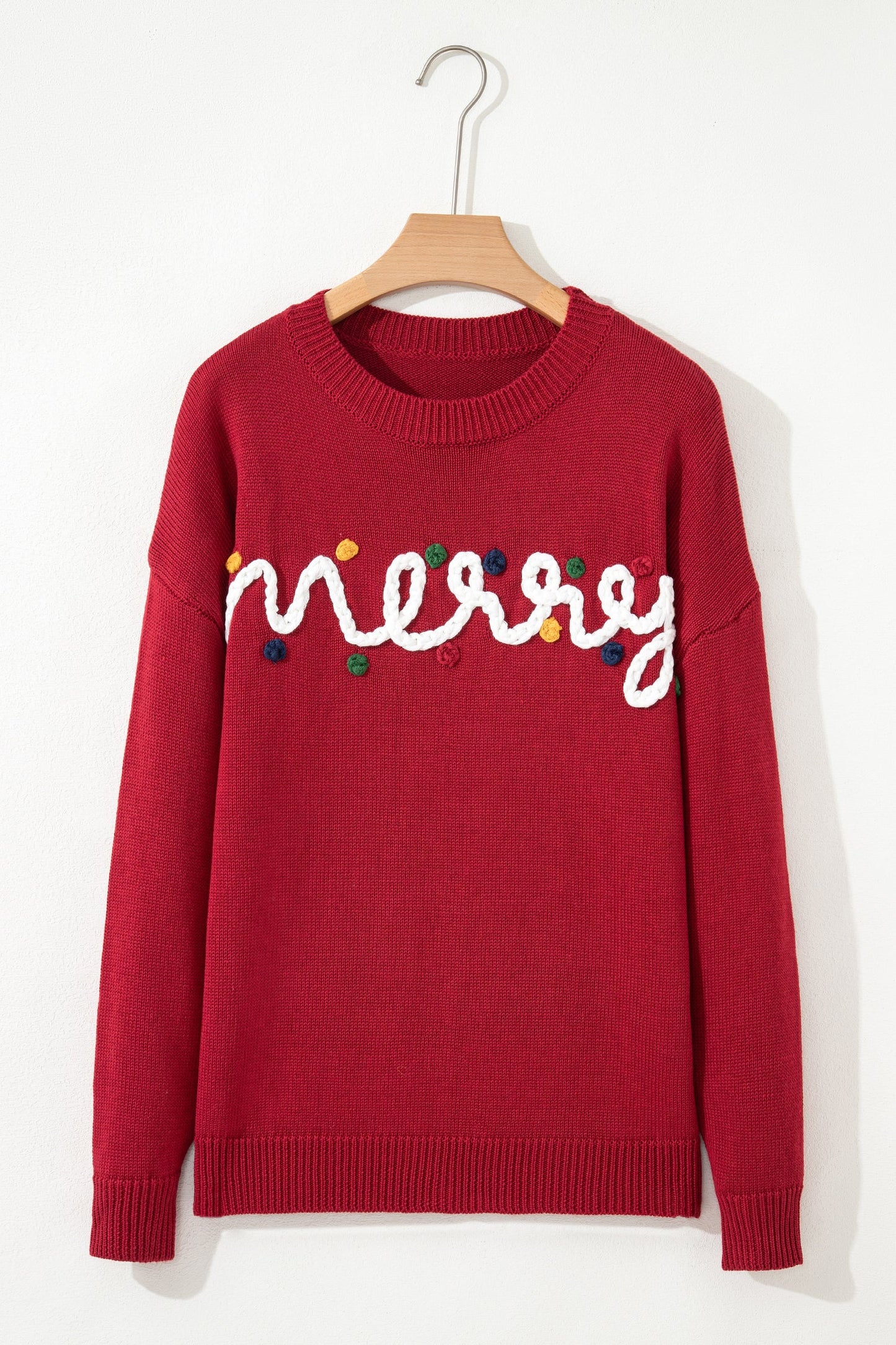 Racing Red Merry Colorful Dot Detail Christmas Drop Shoulder Sweater