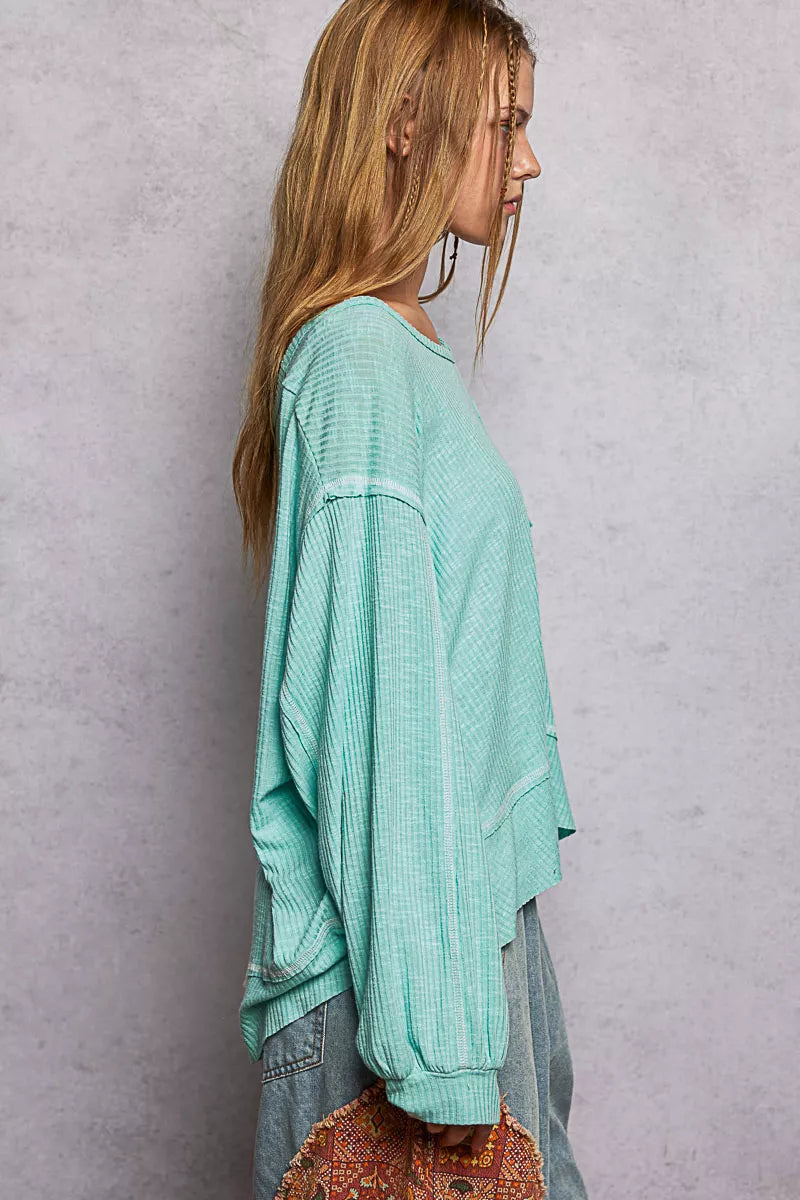 Round Neck Long Sleeve Exposed Seam Top with Chest Pocket
