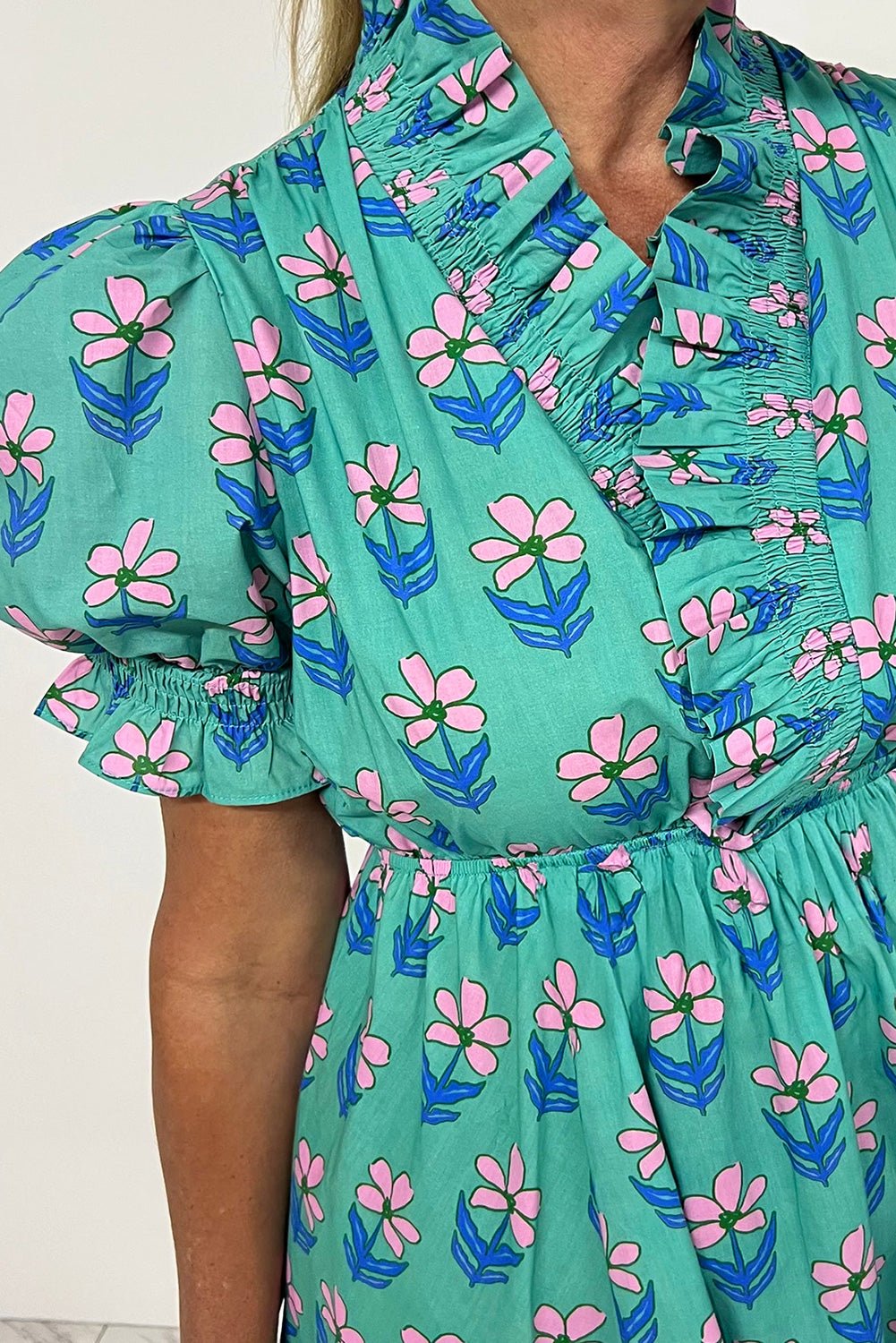 Green Floral Print Frilly Smocked Detail High Waist Mini Dress - Loving It Shop