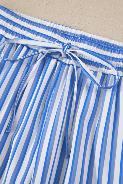 Sky Blue Stripe Drawstring Elastic Waist Patch Pocket Wide Leg Ankle - length Pants - Loving It Shop